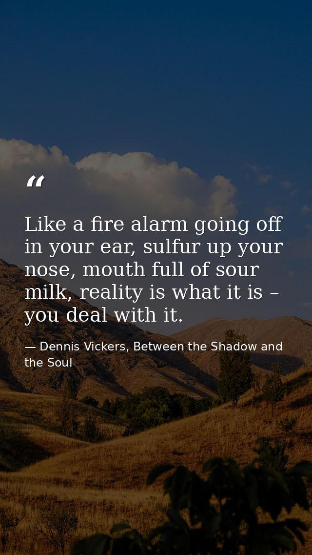 Like a fire alarm going off in your ear, sulfur up your nose, mouth full of sour milk, reality is what it is – you deal  — Dennis Vickers, Between the Shadow and the Soul