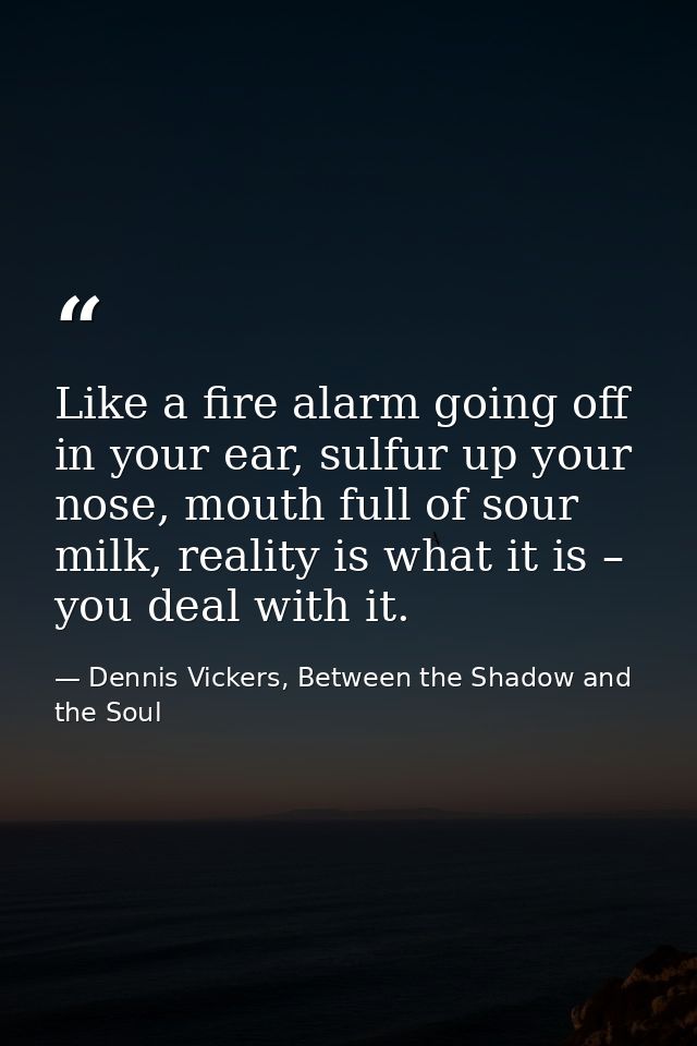 Like a fire alarm going off in your ear, sulfur up your nose, mouth full of sour milk, reality is what it is – you deal  — Dennis Vickers, Between the Shadow and the Soul