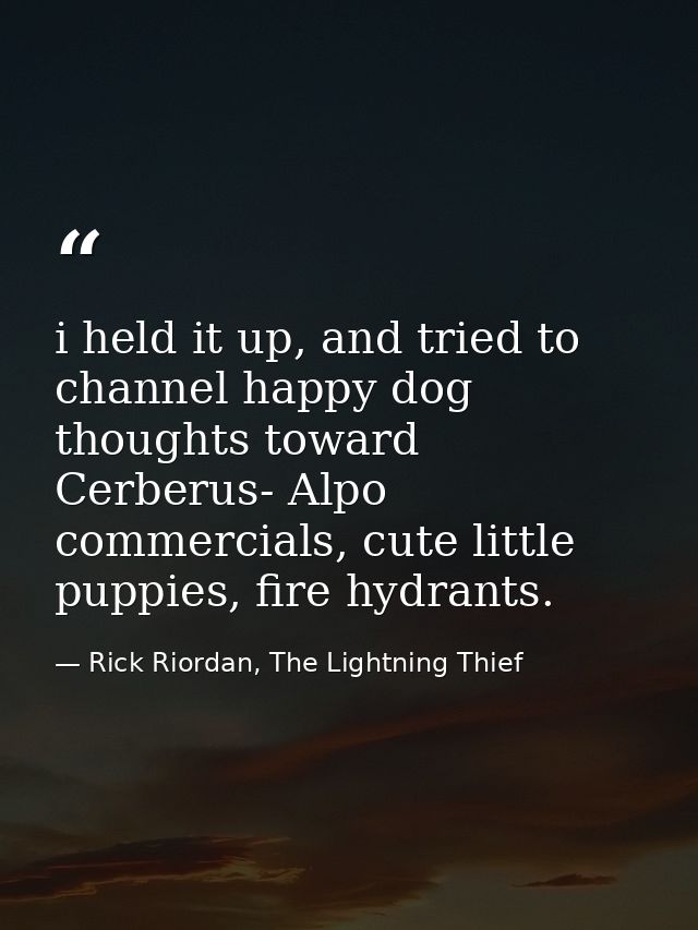 i held it up, and tried to channel happy dog thoughts toward Cerberus- Alpo commercials, cute little puppies, fire hydra — Rick Riordan, The Lightning Thief
