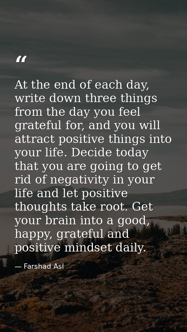 At the end of each day, write down three things from the day you feel grateful for, and you will attract positive things — Farshad Asl