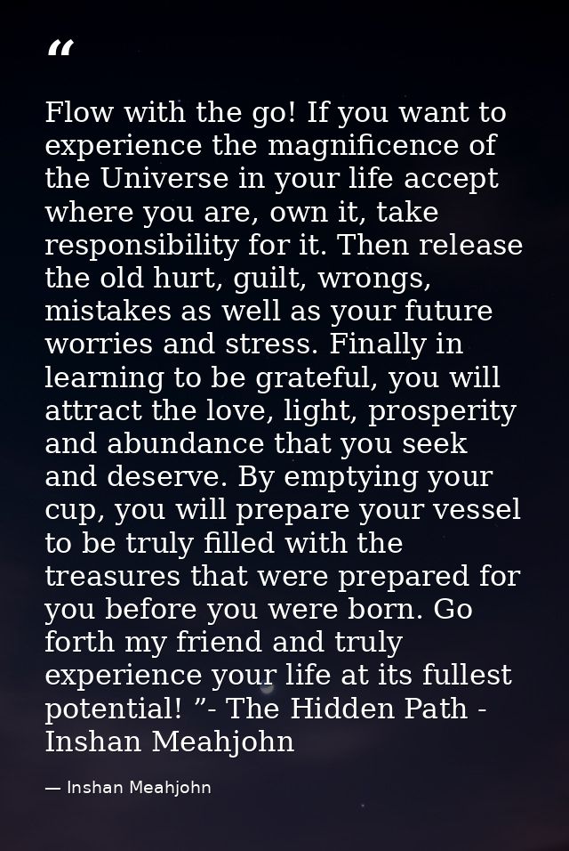 Flow with the go! If you want to experience the magnificence of the Universe in your life accept where you are, own it,  — Inshan Meahjohn