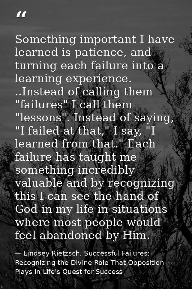 Something important I have learned is patience, and turning each failure into a learning experience. ..Instead of callin — Lindsey Rietzsch, Successful Failures: Recognizing the Divine Role That Opposition Plays in Life's Quest for Success