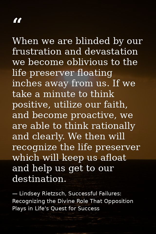 When we are blinded by our frustration and devastation we become oblivious to the life preserver floating inches away fr — Lindsey Rietzsch, Successful Failures: Recognizing the Divine Role That Opposition Plays in Life's Quest for Success