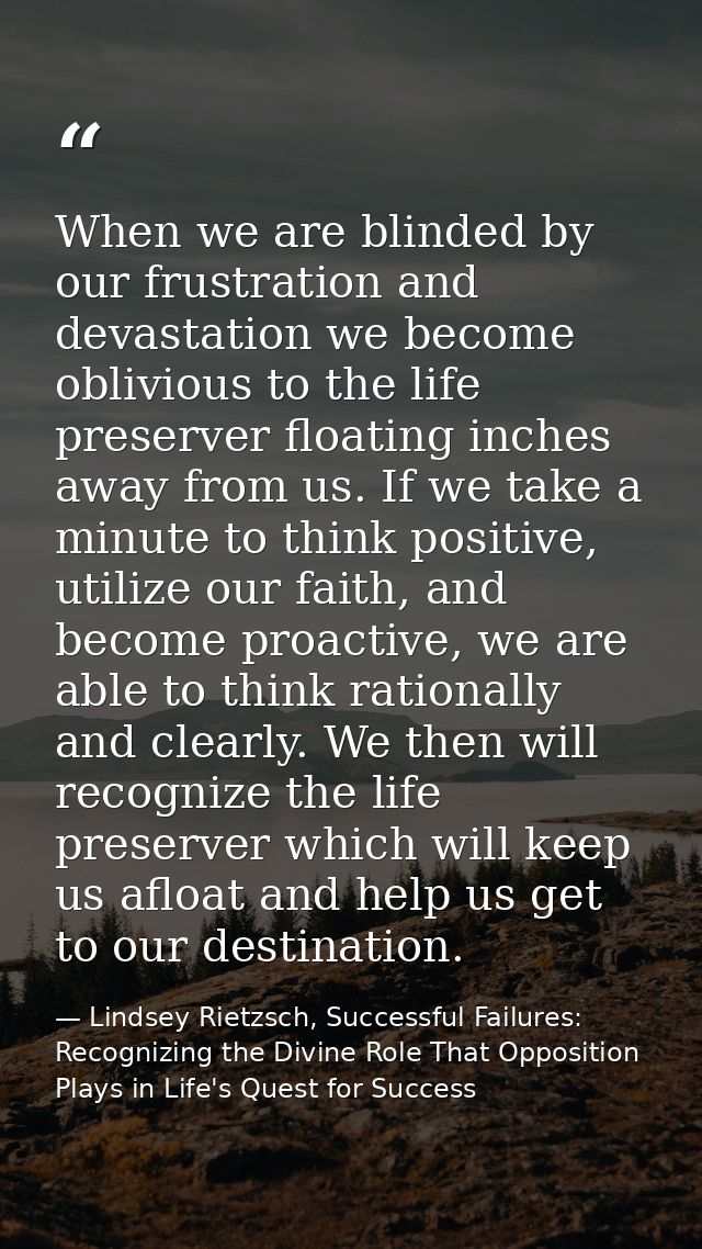 When we are blinded by our frustration and devastation we become oblivious to the life preserver floating inches away fr — Lindsey Rietzsch, Successful Failures: Recognizing the Divine Role That Opposition Plays in Life's Quest for Success