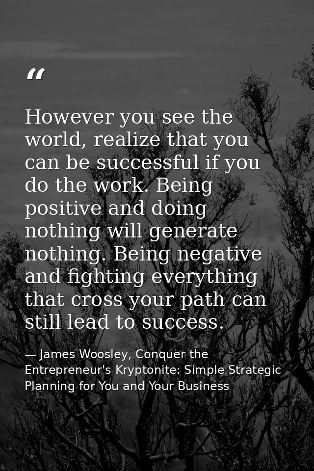 However you see the world, realize that you can be successful if you do the work. Being positive and doing nothing will  — James Woosley, Conquer the Entrepreneur's Kryptonite: Simple Strategic Planning for You and Your Business