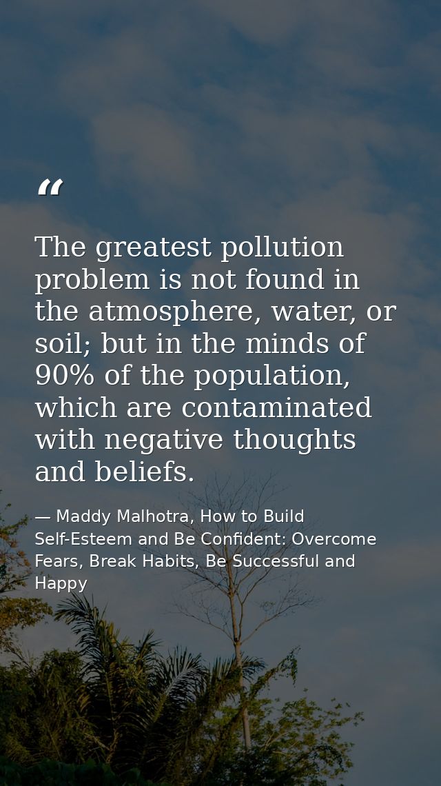 The greatest pollution problem is not found in the atmosphere, water, or soil; but in the minds of 90% of the population — Maddy Malhotra, How to Build Self-Esteem and Be Confident: Overcome Fears, Break Habits, Be Successful and Happy