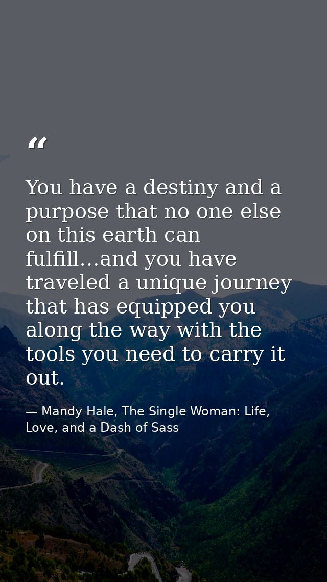 You have a destiny and a purpose that no one else on this earth can fulfill…and you have traveled a unique journey that  — Mandy Hale, The Single Woman: Life, Love, and a Dash of Sass