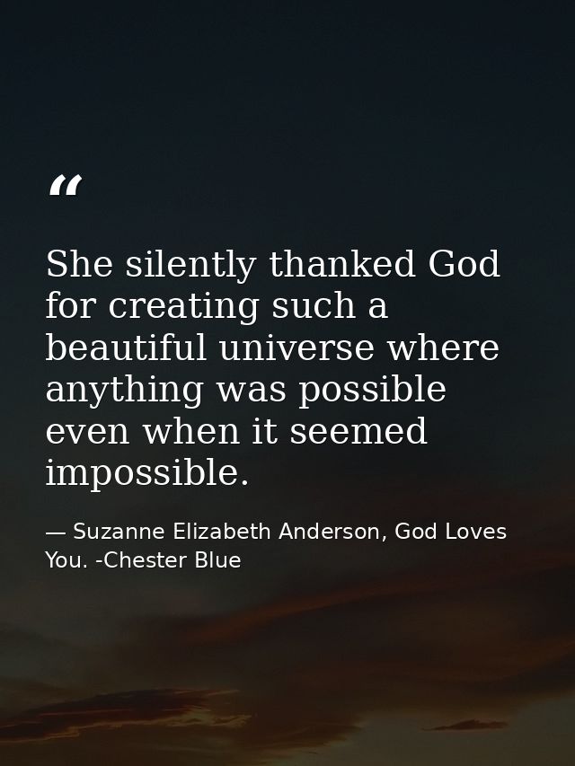 She silently thanked God for creating such a beautiful universe where anything was possible even when it seemed impossib — Suzanne Elizabeth Anderson, God Loves You. -Chester Blue