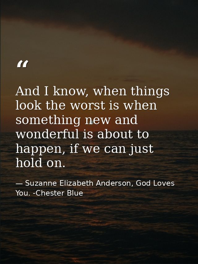 And I know, when things look the worst is when something new and wonderful is about to happen, if we can just hold on. — Suzanne Elizabeth Anderson, God Loves You. -Chester Blue