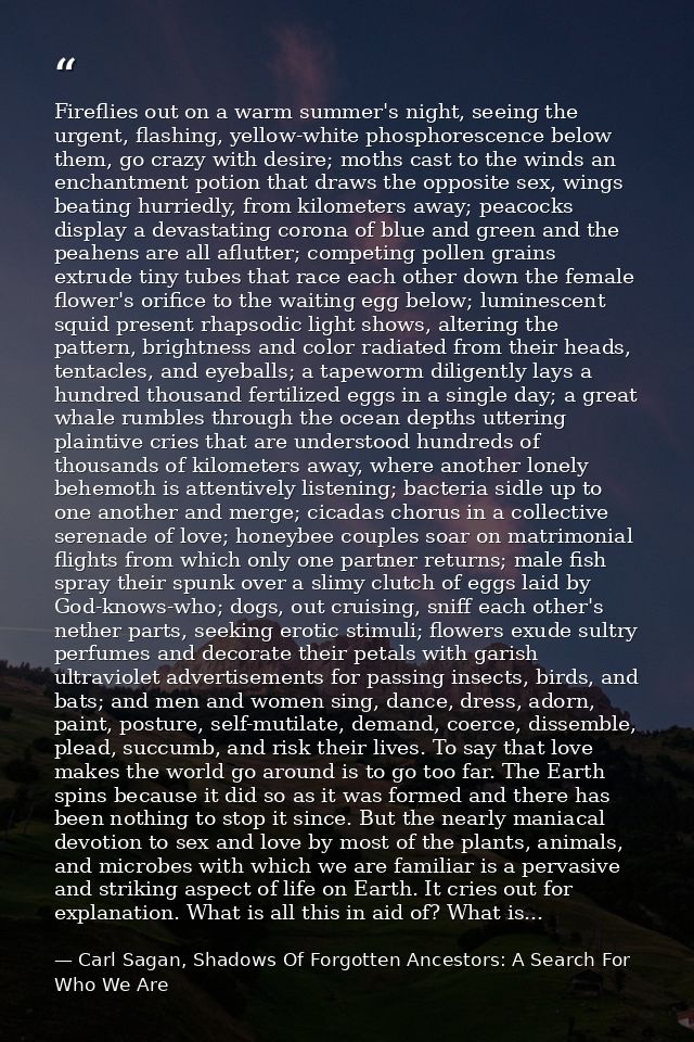 Fireflies out on a warm summer's night, seeing the urgent, flashing, yellow-white phosphorescence below them, go crazy w — Carl Sagan, Shadows Of Forgotten Ancestors: A Search For Who We Are