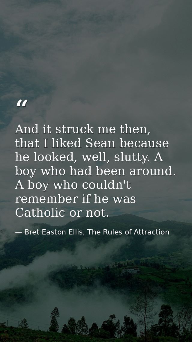 And it struck me then, that I liked Sean because he looked, well, slutty. A boy who had been around. A boy who couldn't  — Bret Easton Ellis, The Rules of Attraction