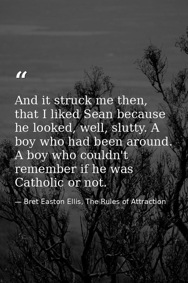 And it struck me then, that I liked Sean because he looked, well, slutty. A boy who had been around. A boy who couldn't  — Bret Easton Ellis, The Rules of Attraction