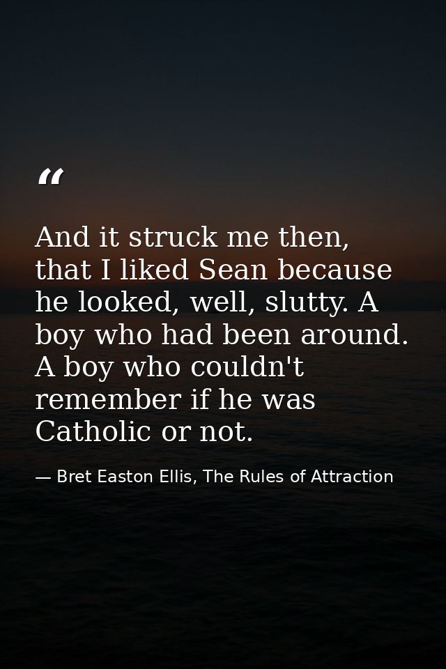 And it struck me then, that I liked Sean because he looked, well, slutty. A boy who had been around. A boy who couldn't  — Bret Easton Ellis, The Rules of Attraction