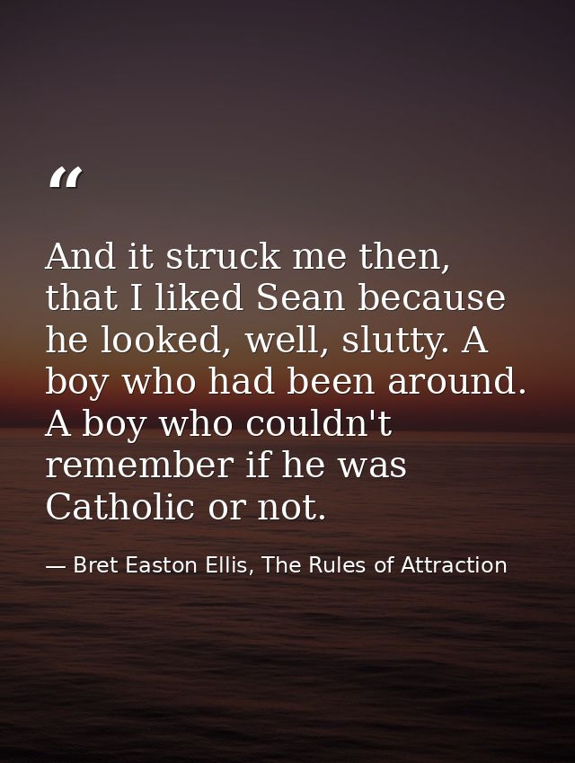 And it struck me then, that I liked Sean because he looked, well, slutty. A boy who had been around. A boy who couldn't  — Bret Easton Ellis, The Rules of Attraction