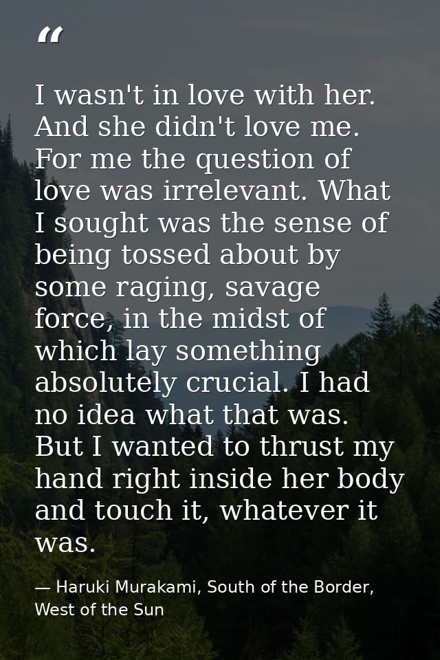 I wasn't in love with her. And she didn't love me. For me the question of love was irrelevant. What I sought was the sen — Haruki Murakami, South of the Border, West of the Sun