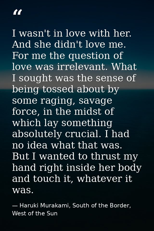 I wasn't in love with her. And she didn't love me. For me the question of love was irrelevant. What I sought was the sen — Haruki Murakami, South of the Border, West of the Sun
