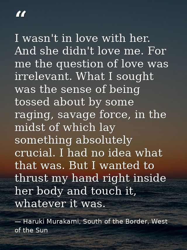 I wasn't in love with her. And she didn't love me. For me the question of love was irrelevant. What I sought was the sen — Haruki Murakami, South of the Border, West of the Sun