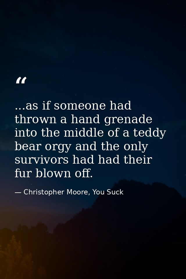 ...as if someone had thrown a hand grenade into the middle of a teddy bear orgy and the only survivors had had their fur — Christopher Moore, You Suck