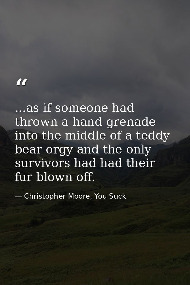 ...as if someone had thrown a hand grenade into the middle of a teddy bear orgy and the only survivors had had their fur — Christopher Moore, You Suck