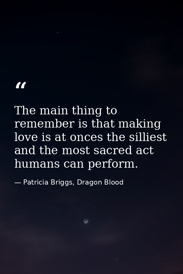 The main thing to remember is that making love is at onces the silliest and the most sacred act humans can perform. — Patricia Briggs, Dragon Blood
