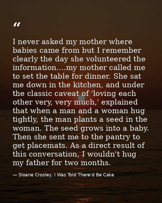 I never asked my mother where babies came from but I remember clearly the day she volunteered the information....my moth — Sloane Crosley, I Was Told There'd Be Cake