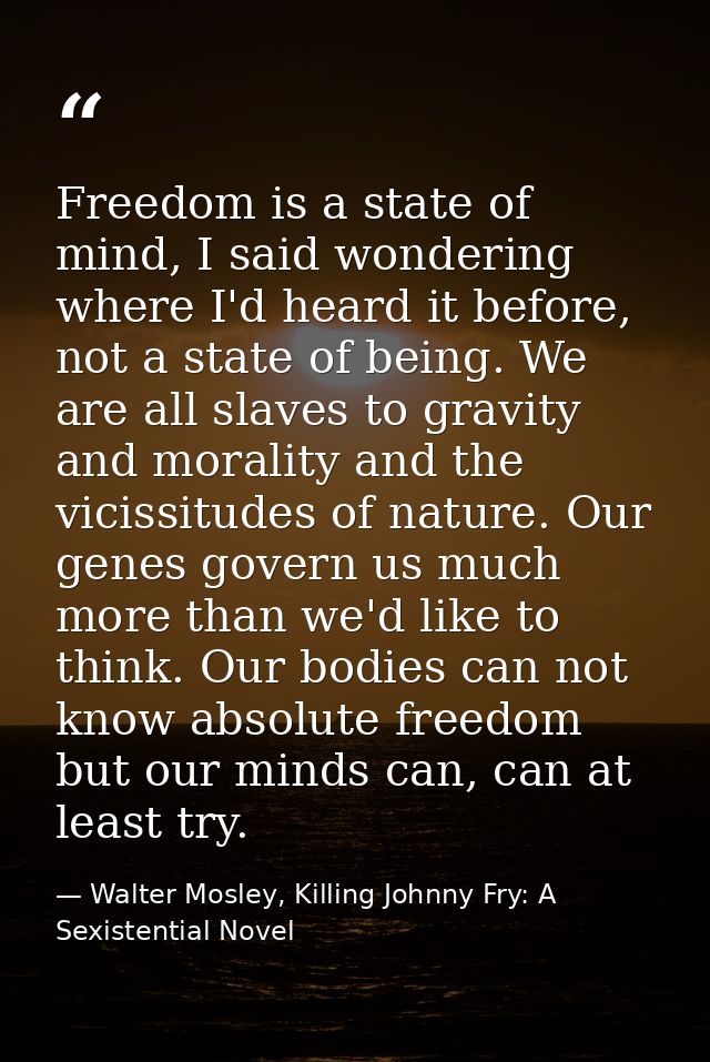 Freedom is a state of mind, I said wondering where I'd heard it before, not a state of being. We are all slaves to gravi — Walter Mosley, Killing Johnny Fry: A Sexistential Novel