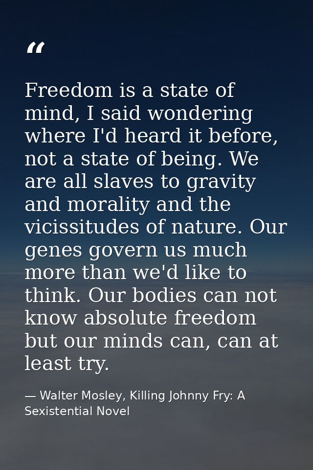 Freedom is a state of mind, I said wondering where I'd heard it before, not a state of being. We are all slaves to gravi — Walter Mosley, Killing Johnny Fry: A Sexistential Novel