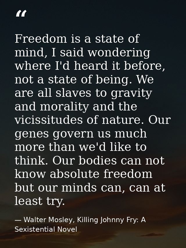 Freedom is a state of mind, I said wondering where I'd heard it before, not a state of being. We are all slaves to gravi — Walter Mosley, Killing Johnny Fry: A Sexistential Novel