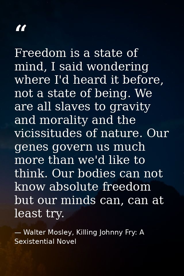 Freedom is a state of mind, I said wondering where I'd heard it before, not a state of being. We are all slaves to gravi — Walter Mosley, Killing Johnny Fry: A Sexistential Novel