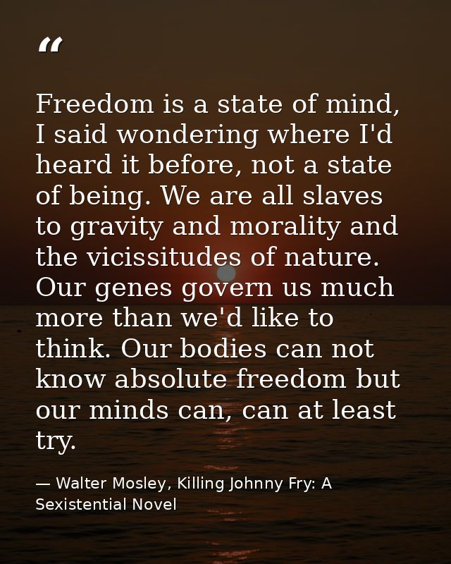 Freedom is a state of mind, I said wondering where I'd heard it before, not a state of being. We are all slaves to gravi — Walter Mosley, Killing Johnny Fry: A Sexistential Novel