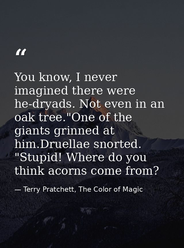 You know, I never imagined there were he-dryads. Not even in an oak tree."One of the giants grinned at him.Druellae snor — Terry Pratchett, The Color of Magic