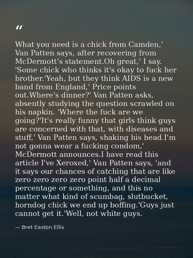 What you need is a chick from Camden,' Van Patten says, after recovering from McDermott's statement.Oh great,' I say. 'S — Bret Easton Ellis