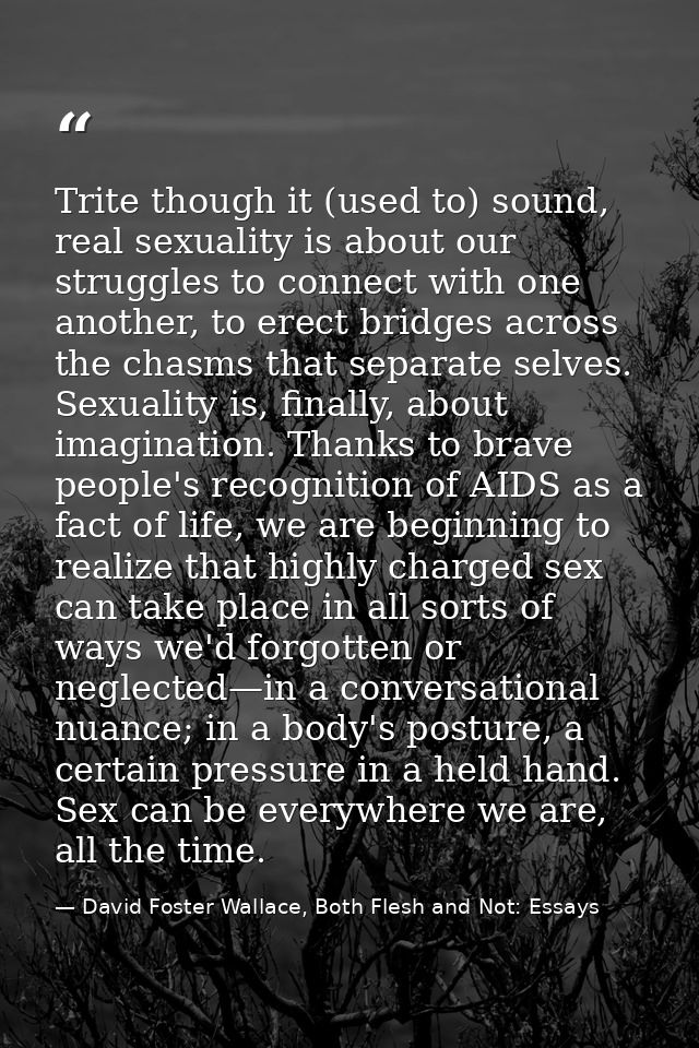 Trite though it (used to) sound, real sexuality is about our struggles to connect with one another, to erect bridges acr — David Foster Wallace, Both Flesh and Not: Essays
