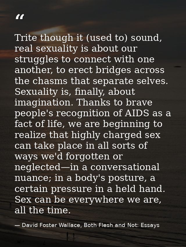 Trite though it (used to) sound, real sexuality is about our struggles to connect with one another, to erect bridges acr — David Foster Wallace, Both Flesh and Not: Essays