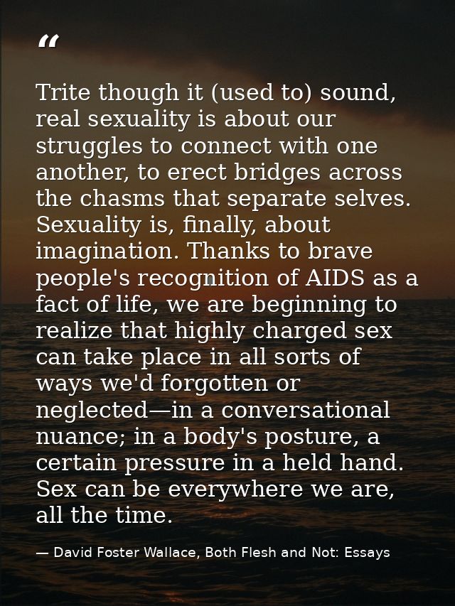 Trite though it (used to) sound, real sexuality is about our struggles to connect with one another, to erect bridges acr — David Foster Wallace, Both Flesh and Not: Essays