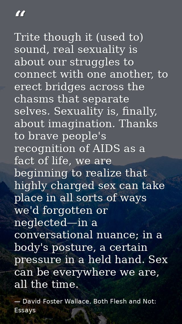 Trite though it (used to) sound, real sexuality is about our struggles to connect with one another, to erect bridges acr — David Foster Wallace, Both Flesh and Not: Essays