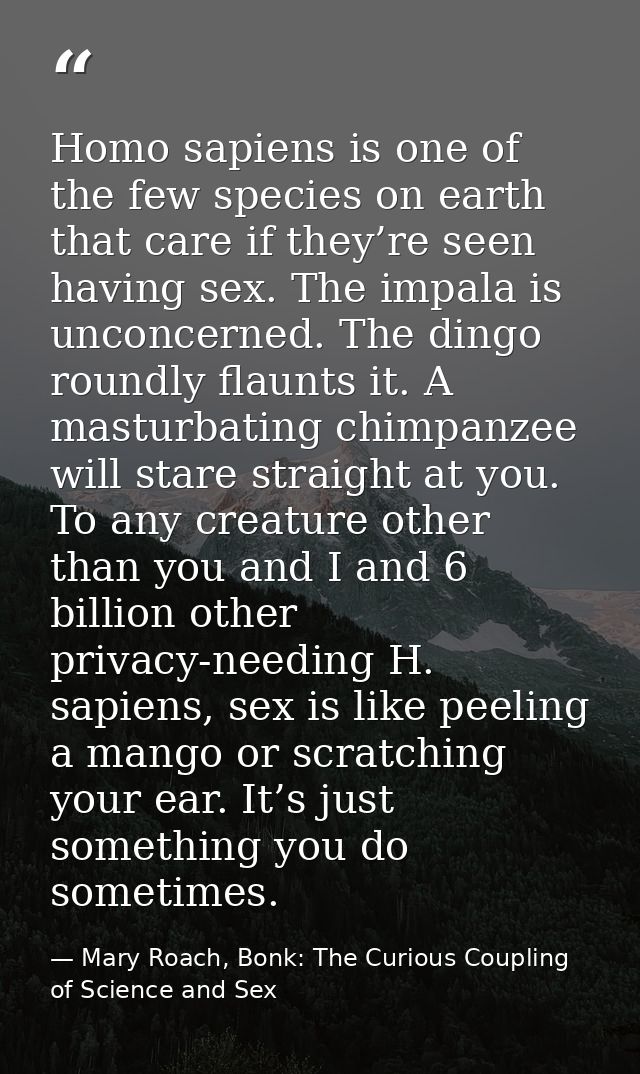 Homo sapiens is one of the few species on earth that care if they’re seen having sex. The impala is unconcerned. The din — Mary Roach, Bonk: The Curious Coupling of Science and Sex