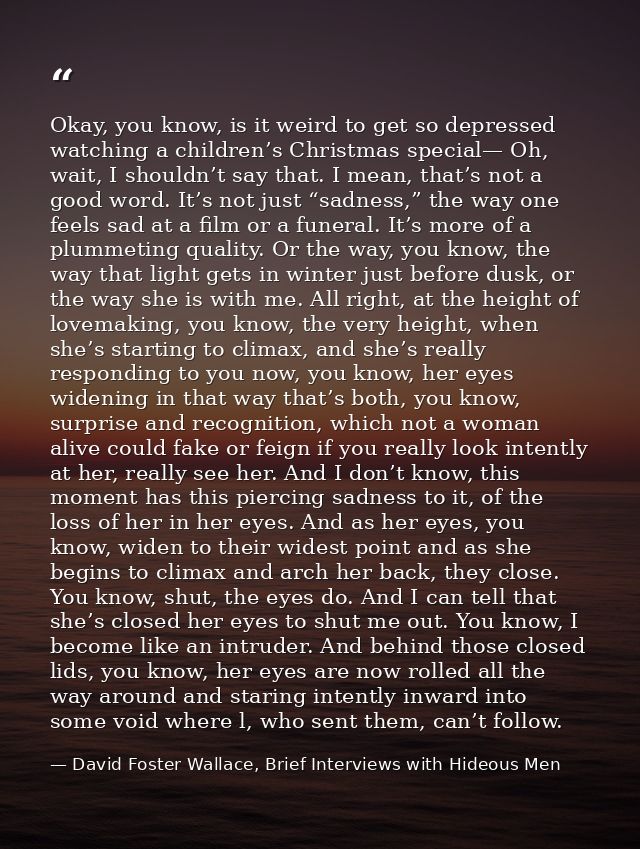 Okay, you know, is it weird to get so depressed watching a children’s Christmas special— Oh, wait, I shouldn’t say that. — David Foster Wallace, Brief Interviews with Hideous Men