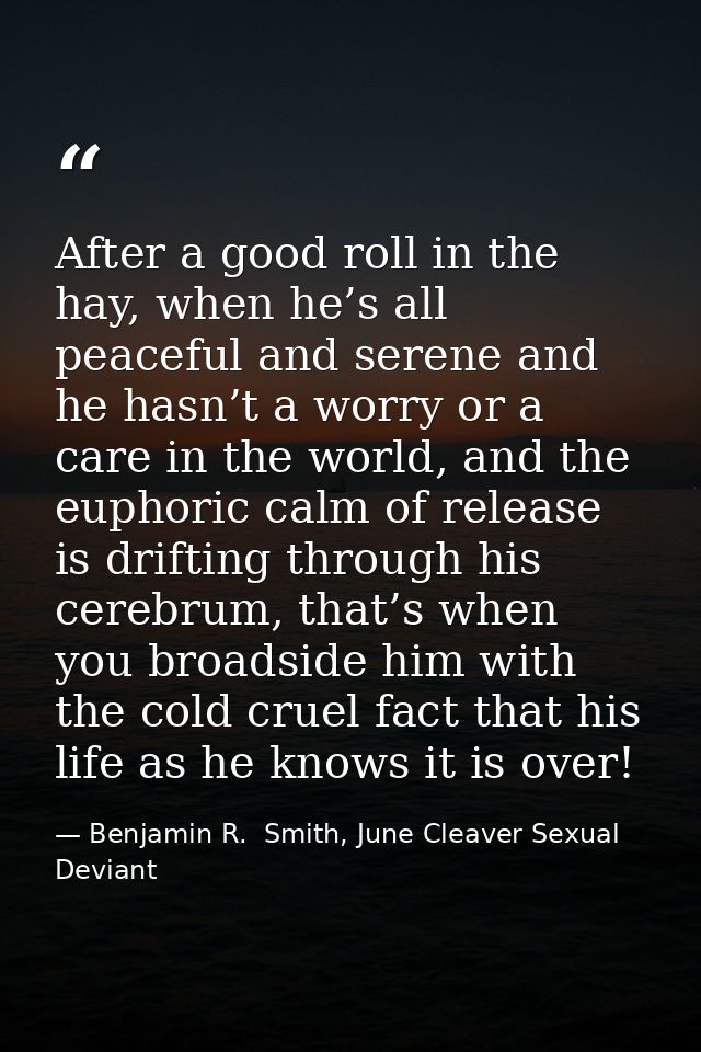 After a good roll in the hay, when he’s all peaceful and serene and he hasn’t a worry or a care in the world, and the eu — Benjamin R.  Smith, June Cleaver Sexual Deviant