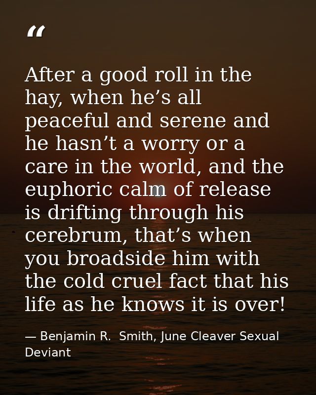 After a good roll in the hay, when he’s all peaceful and serene and he hasn’t a worry or a care in the world, and the eu — Benjamin R.  Smith, June Cleaver Sexual Deviant