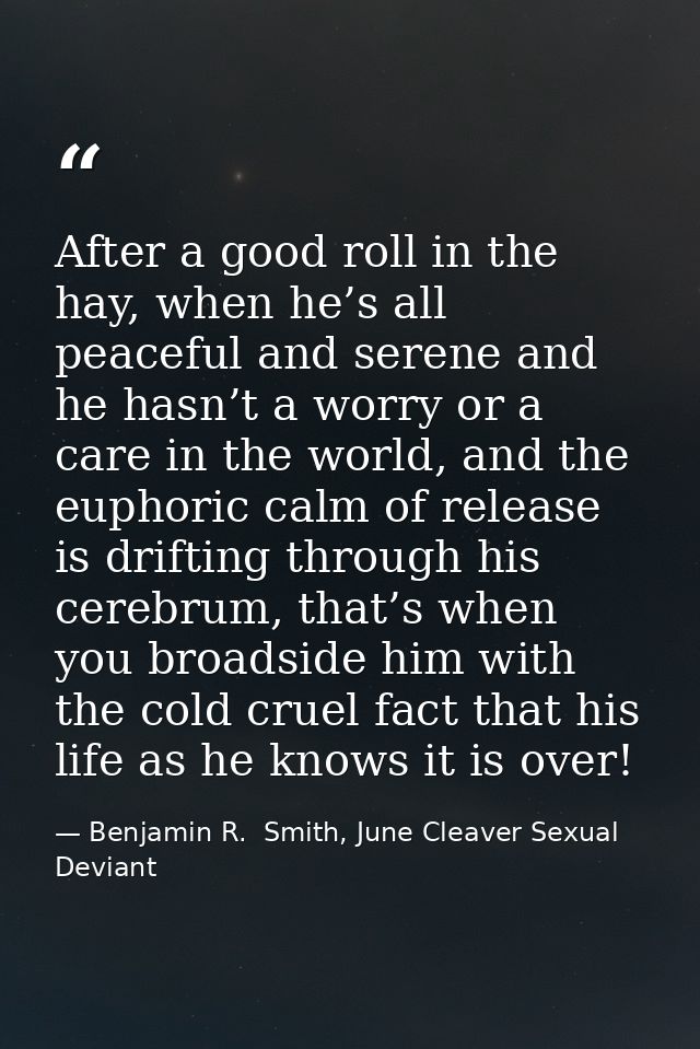 After a good roll in the hay, when he’s all peaceful and serene and he hasn’t a worry or a care in the world, and the eu — Benjamin R.  Smith, June Cleaver Sexual Deviant