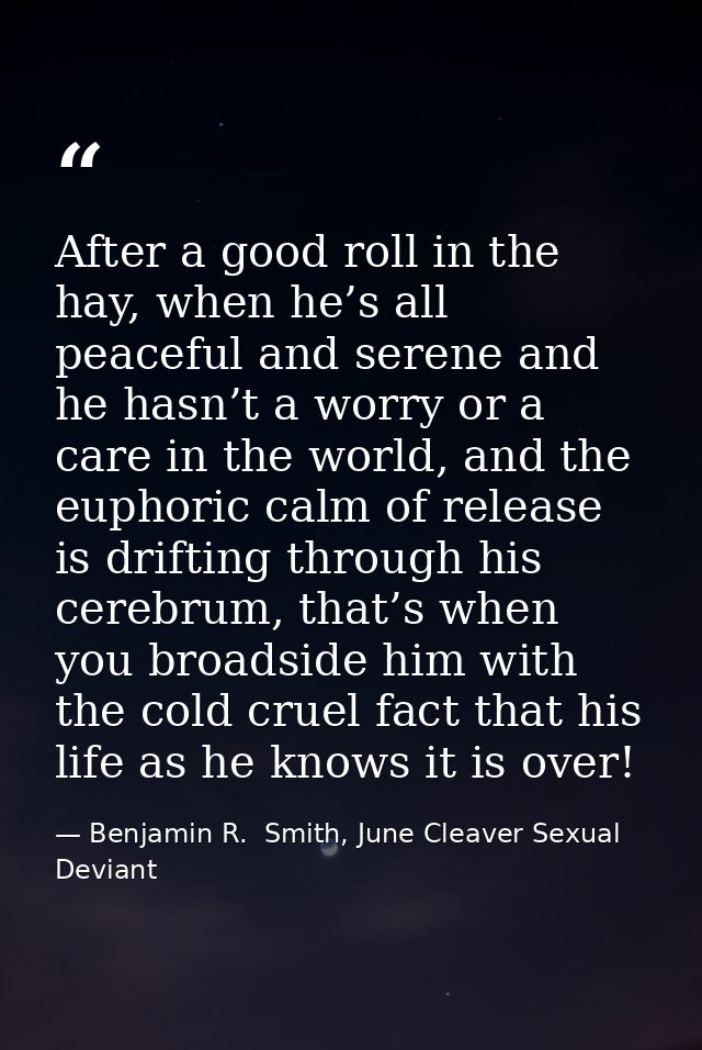 After a good roll in the hay, when he’s all peaceful and serene and he hasn’t a worry or a care in the world, and the eu — Benjamin R.  Smith, June Cleaver Sexual Deviant