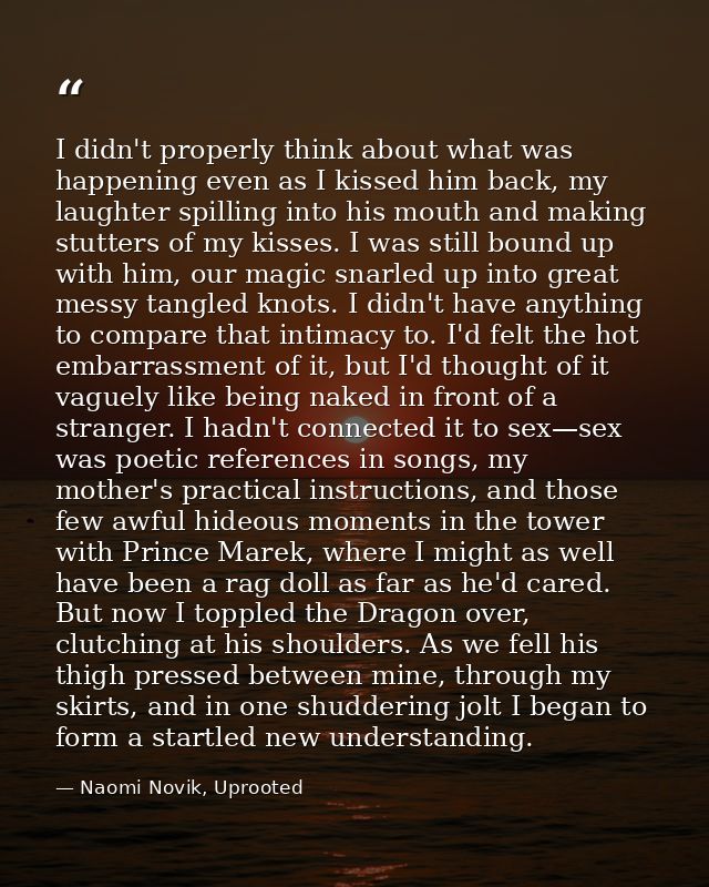 I didn't properly think about what was happening even as I kissed him back, my laughter spilling into his mouth and maki — Naomi Novik, Uprooted