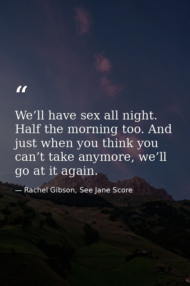 We’ll have sex all night. Half the morning too. And just when you think you can’t take anymore, we’ll go at it again. — Rachel Gibson, See Jane Score
