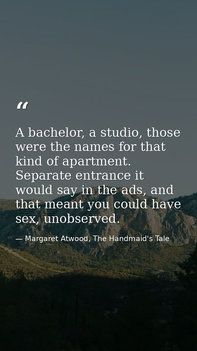 A bachelor, a studio, those were the names for that kind of apartment. Separate entrance it would say in the ads, and th — Margaret Atwood, The Handmaid's Tale
