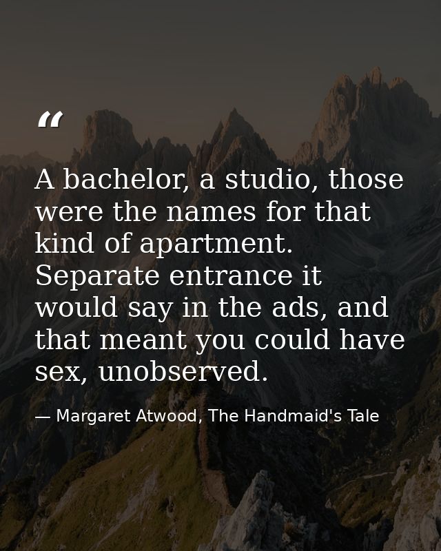A bachelor, a studio, those were the names for that kind of apartment. Separate entrance it would say in the ads, and th — Margaret Atwood, The Handmaid's Tale