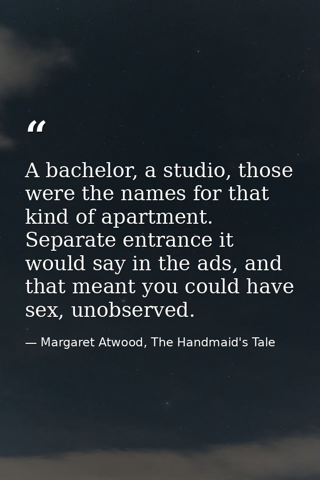 A bachelor, a studio, those were the names for that kind of apartment. Separate entrance it would say in the ads, and th — Margaret Atwood, The Handmaid's Tale