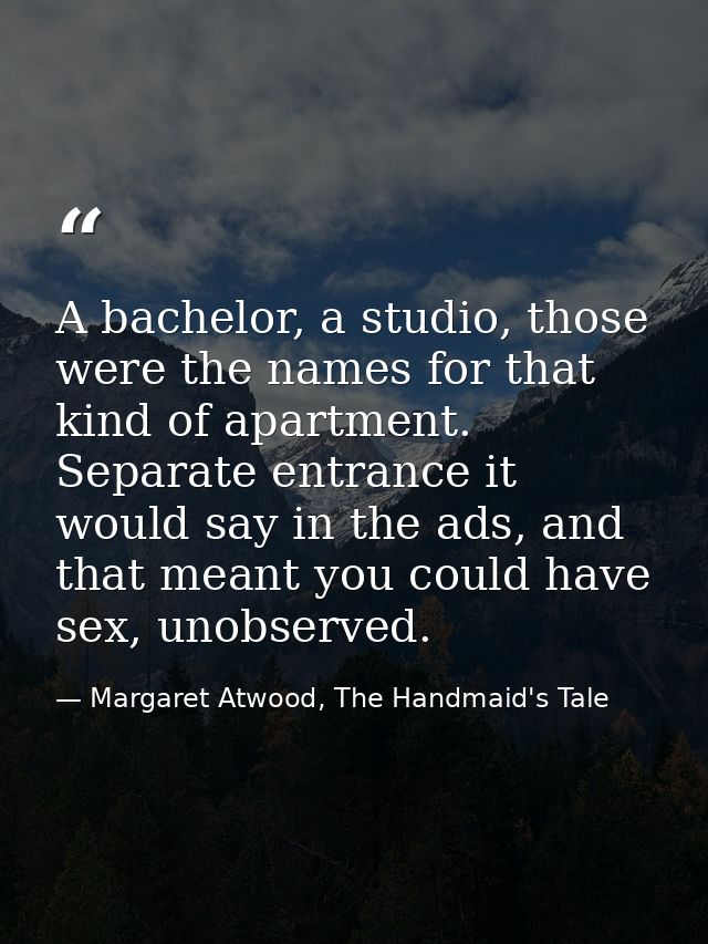 A bachelor, a studio, those were the names for that kind of apartment. Separate entrance it would say in the ads, and th — Margaret Atwood, The Handmaid's Tale