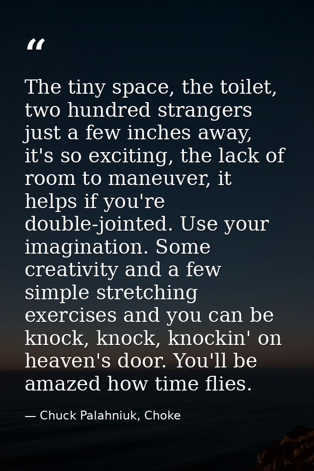 The tiny space, the toilet, two hundred strangers just a few inches away, it's so exciting, the lack of room to maneuver — Chuck Palahniuk, Choke