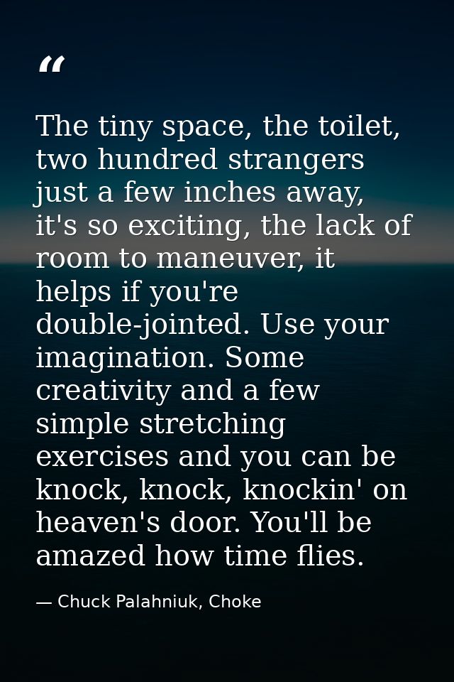 The tiny space, the toilet, two hundred strangers just a few inches away, it's so exciting, the lack of room to maneuver — Chuck Palahniuk, Choke